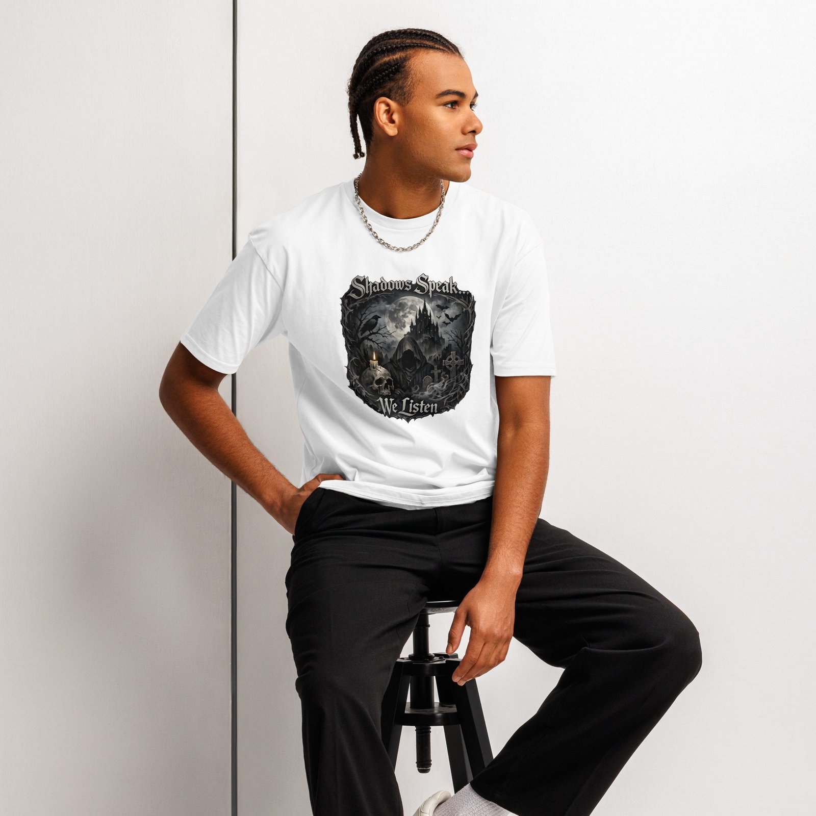 Dark Art Graphic Tee | Shadows Speak We Listen | Knotted Tree Studios - Image 11